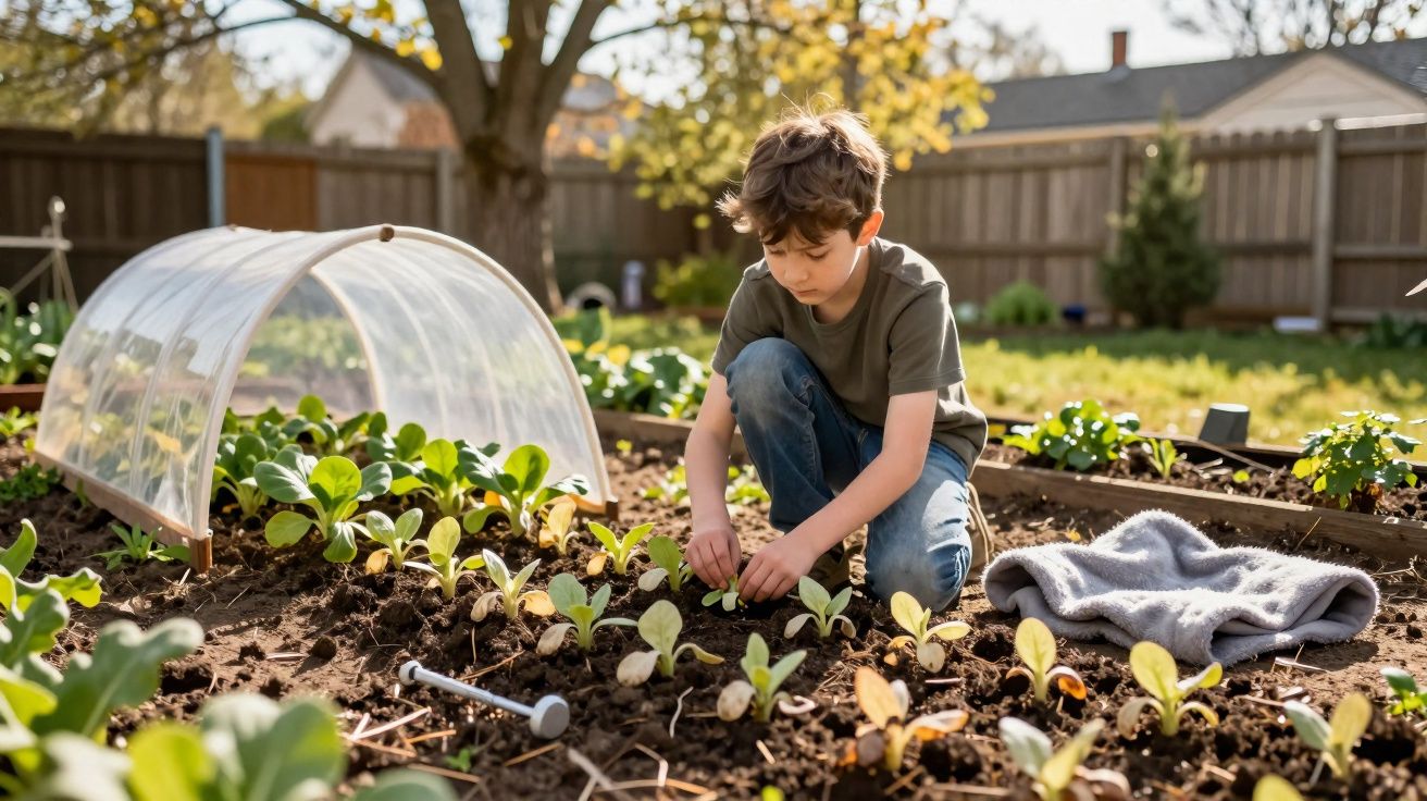 Un garçon jardine des jeunes plants dans un potager ensoleillé, entouré de maison et d'une serre.