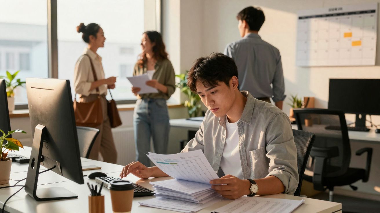 Jeune homme concentré travaillant sur des documents dans un bureau avec collègues en arrière-plan.