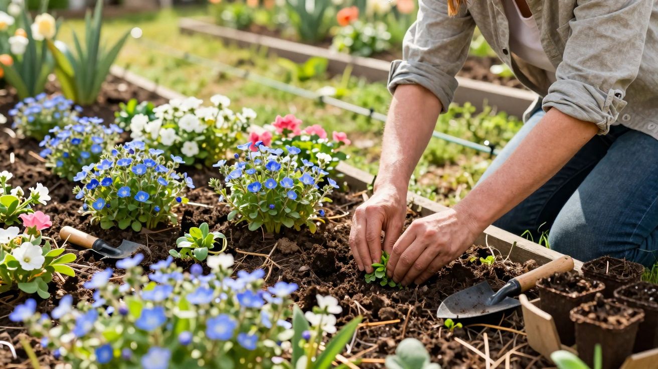 Personne plantant de jeunes pousses dans un jardin fleuri avec des outils de jardinage posés à côté.