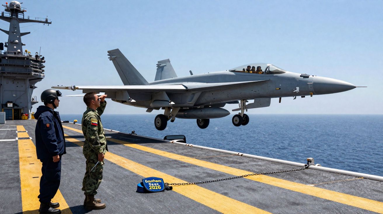 Avion de chasse en vol stationnaire au-dessus du porte-avions avec deux soldats observant attentivement.