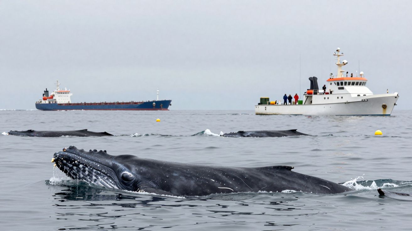 Baleine à bosse nageant près de la surface avec plusieurs navires en arrière-plan sous un ciel gris.