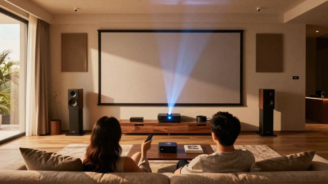 Deux personnes assises sur un canapé regardant un écran de projection vide dans un salon moderne.