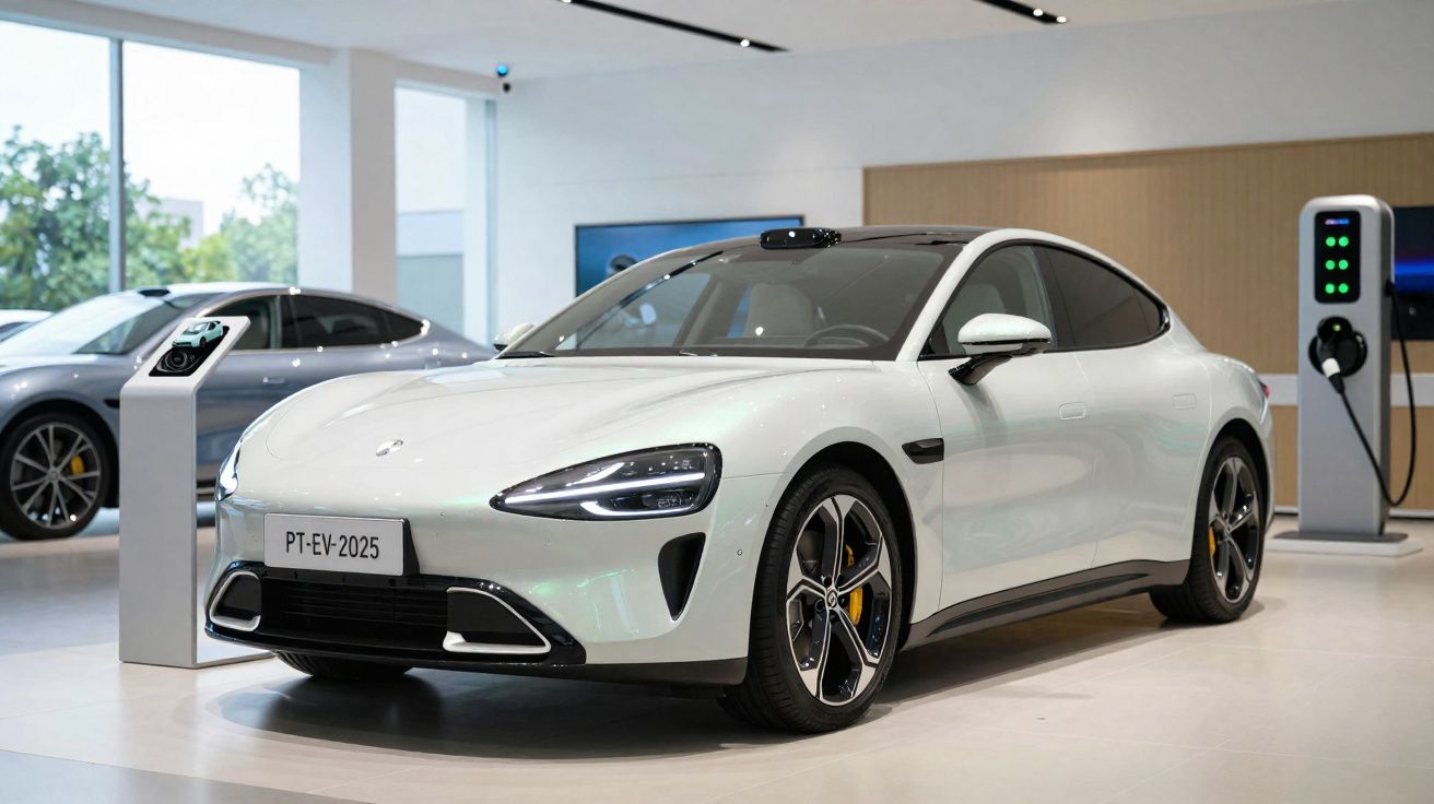 Voiture électrique blanche moderne exposée dans un showroom avec borne de recharge visible en arrière-plan.