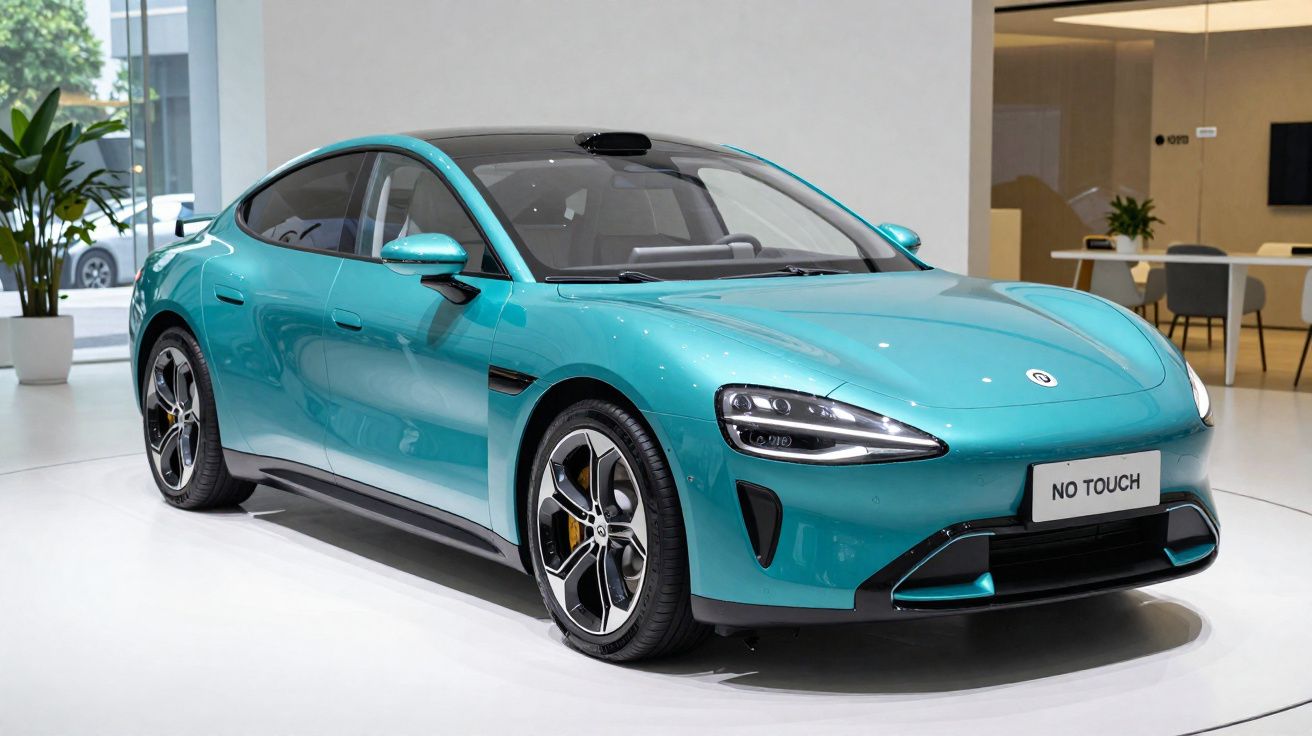 Voiture électrique verte bleuâtre sportive exposée en intérieur avec panneau “No Touch” sur le pare-chocs avant.