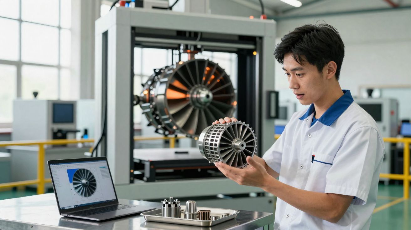 Ingénieur examine une pièce métallique de turbine devant un ordinateur et une machine en laboratoire industriel.