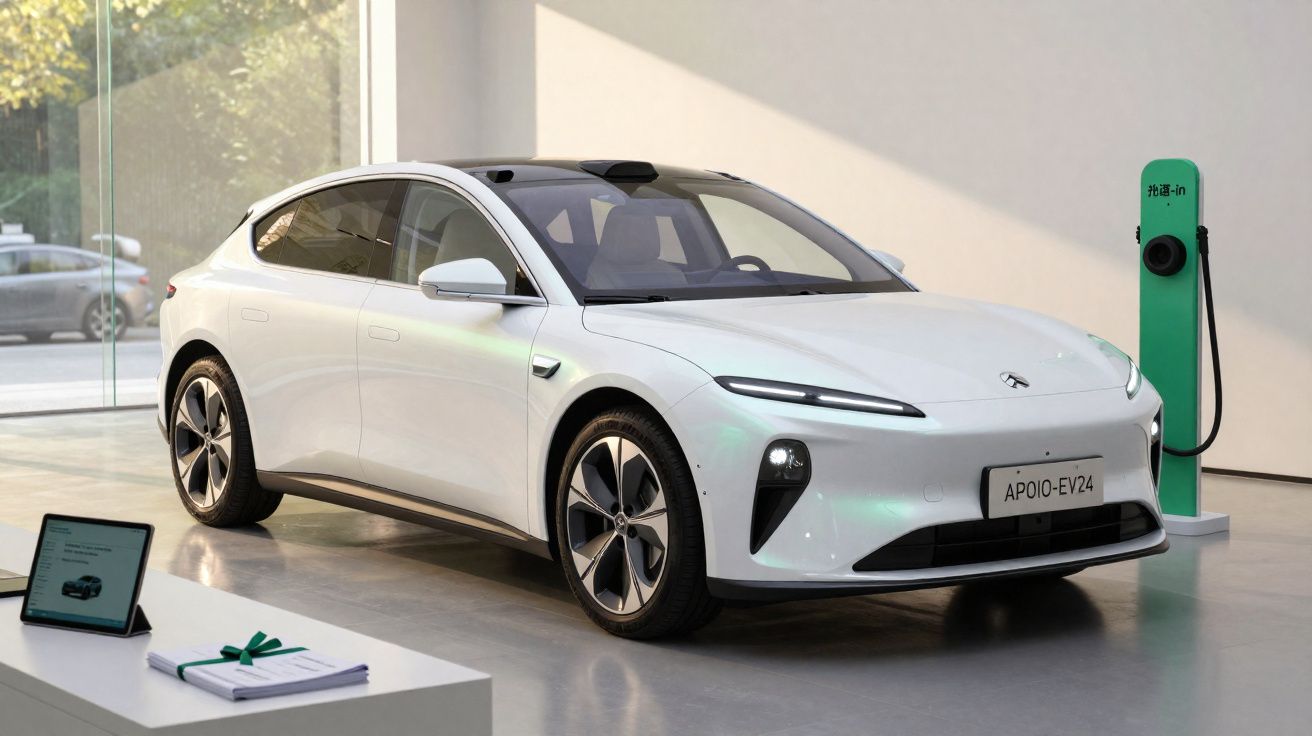 Voiture électrique blanche moderne en exposition avec borne de recharge verte à l'intérieur d'un showroom lumineux.