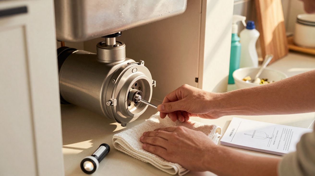 Personne assemblant un appareil électroménager sur un plan de travail avec un manuel d'instructions.