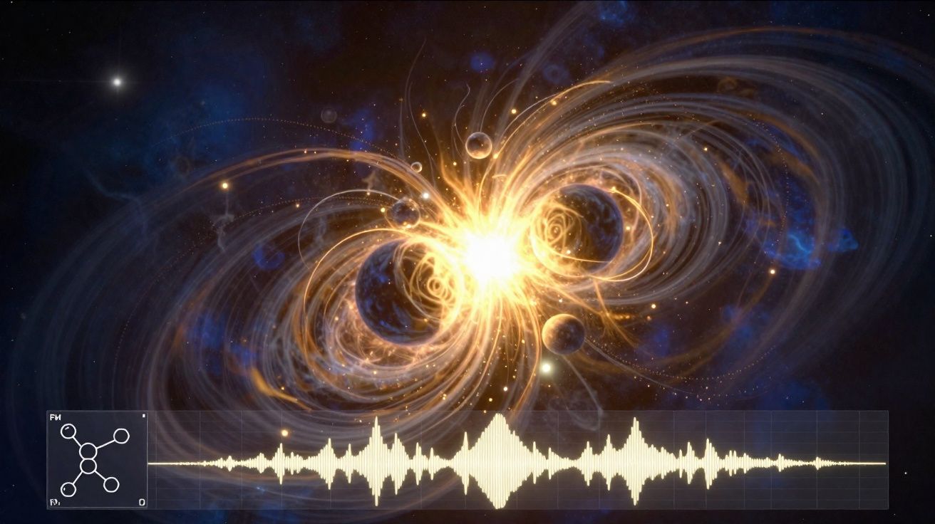 Fusion spectaculaire de deux étoiles entourées de champs magnétiques et d’une onde sonore numérique.