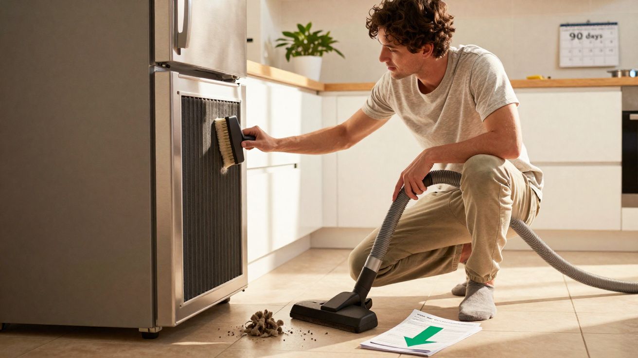 Homme accroupi nettoyant le bas d'un réfrigérateur avec une brosse et un aspirateur dans une cuisine lumineuse.