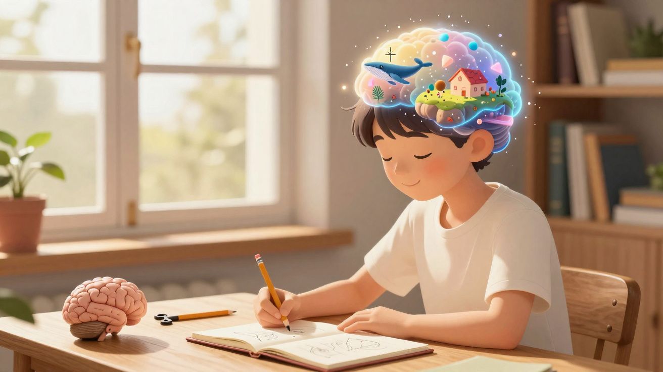 Enfant dessinant à une table avec une imagination colorée flottant au-dessus de sa tête.