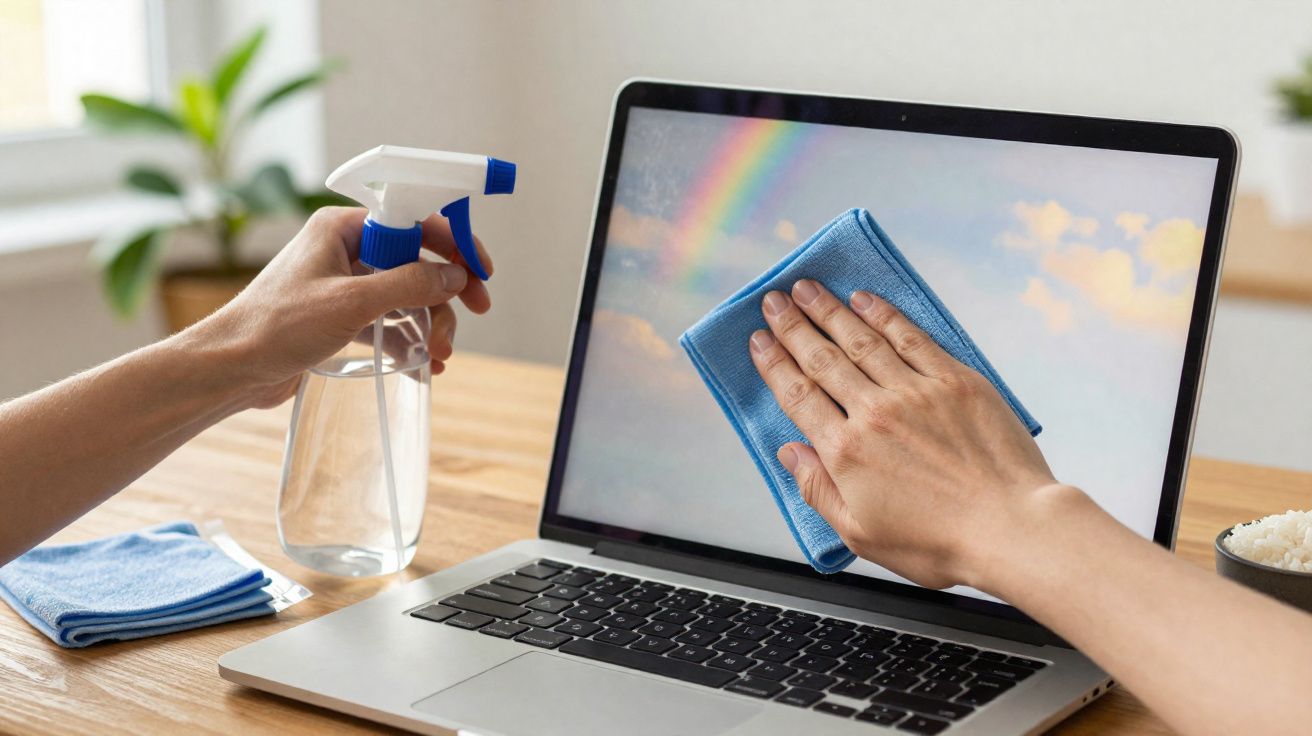 Une personne nettoie l'écran d'un ordinateur portable avec un chiffon bleu et un spray, sur une table en bois.