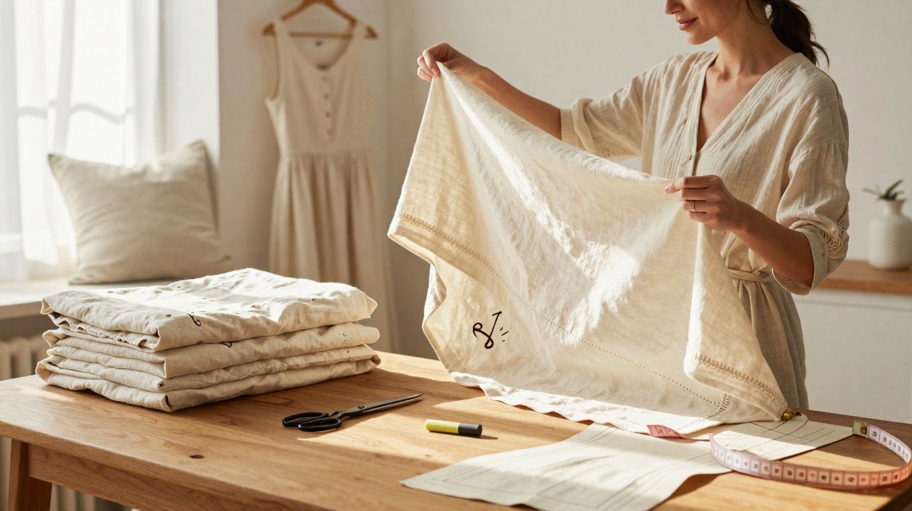 Femme pliant des tissus beiges sur une table en bois dans une pièce lumineuse avec des outils de couture.