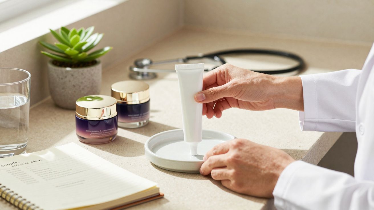 Personne en blouse blanche préparant une crème cosmétique sur un plateau blanc, avec stéthoscope et plantes.