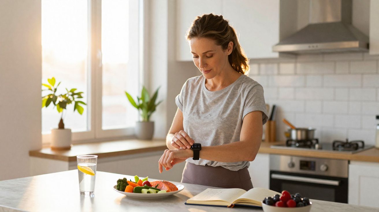 Femme dans une cuisine lumineuse, regardant sa montre connectée près d'une assiette de fruits et légumes frais.
