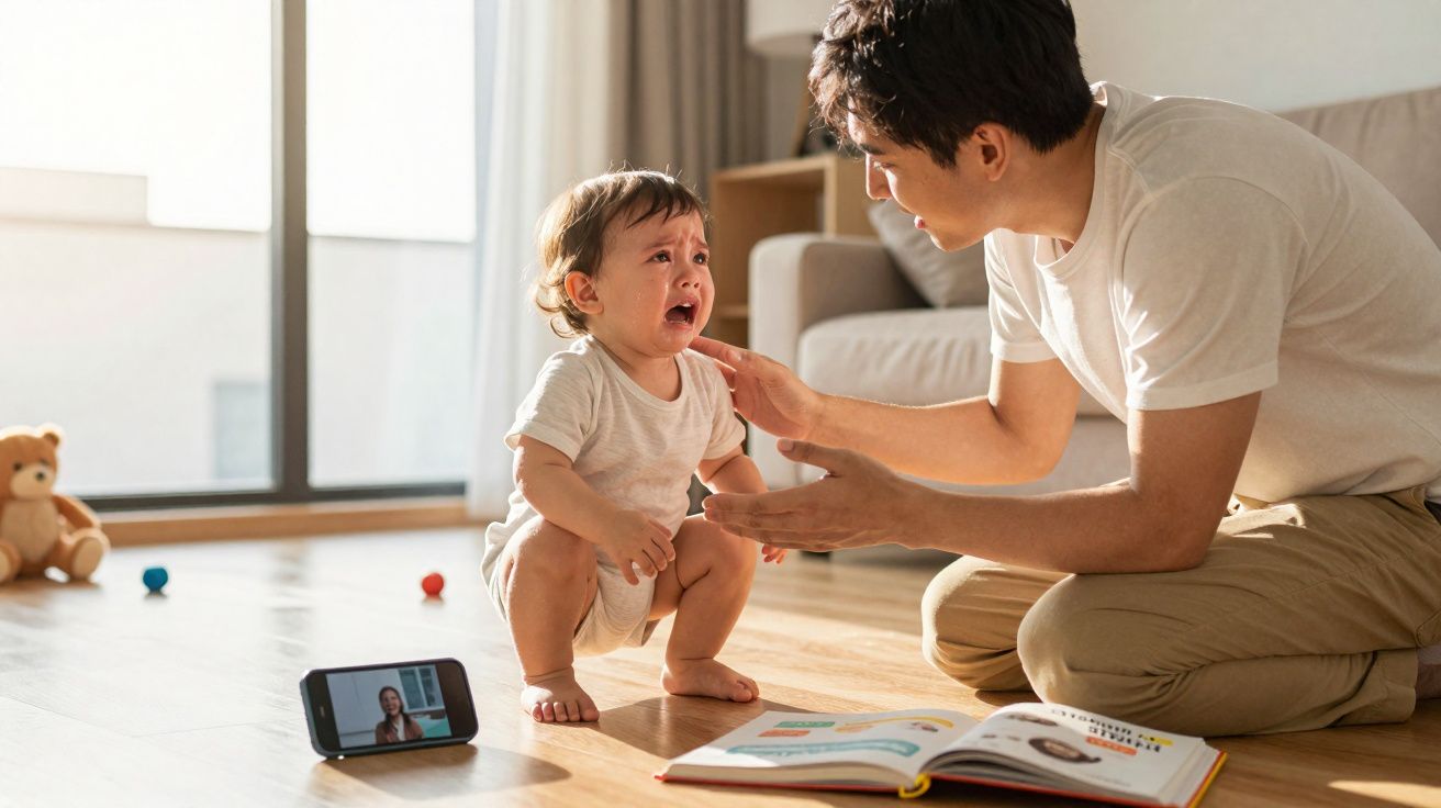 Un père apaise son bébé en pleurs dans un salon lumineux avec un livre et un téléphone posé au sol.