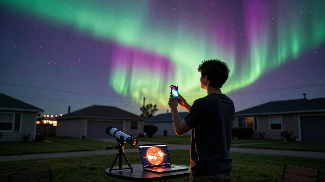 Un jeune homme observe la nuit les aurores boréales tout en photographiant avec son smartphone près d'un télescope.