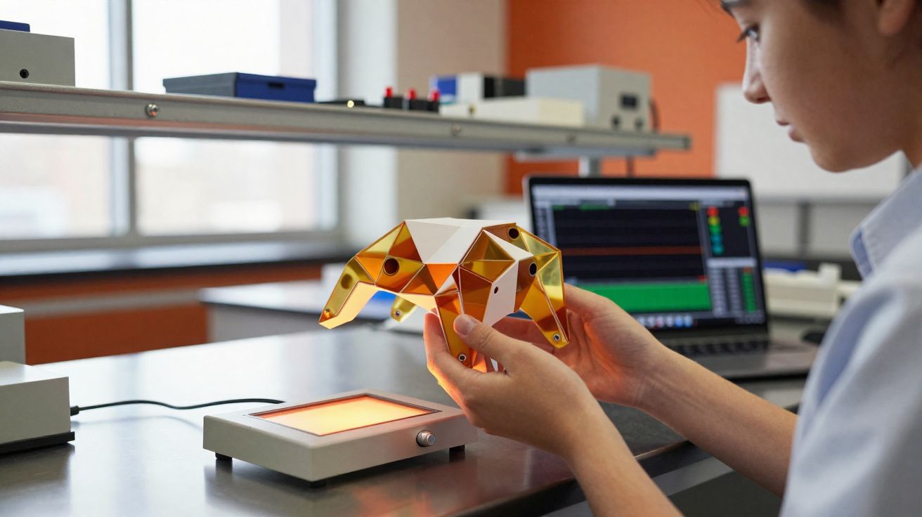 Personne tenant un prototype articulé jaune sur une table de laboratoire devant un ordinateur portable.
