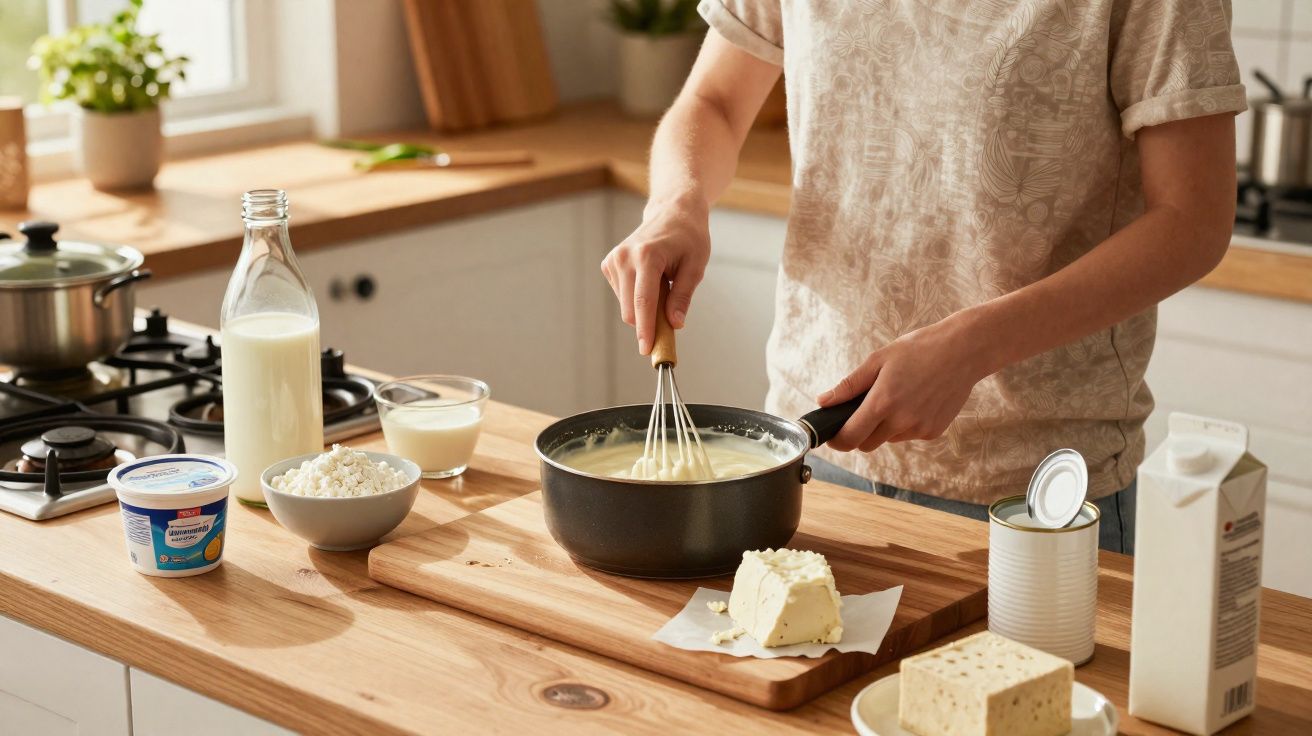 Personne préparant une sauce au fromage dans une casserole sur un plan de travail en bois avec divers produits laitiers.