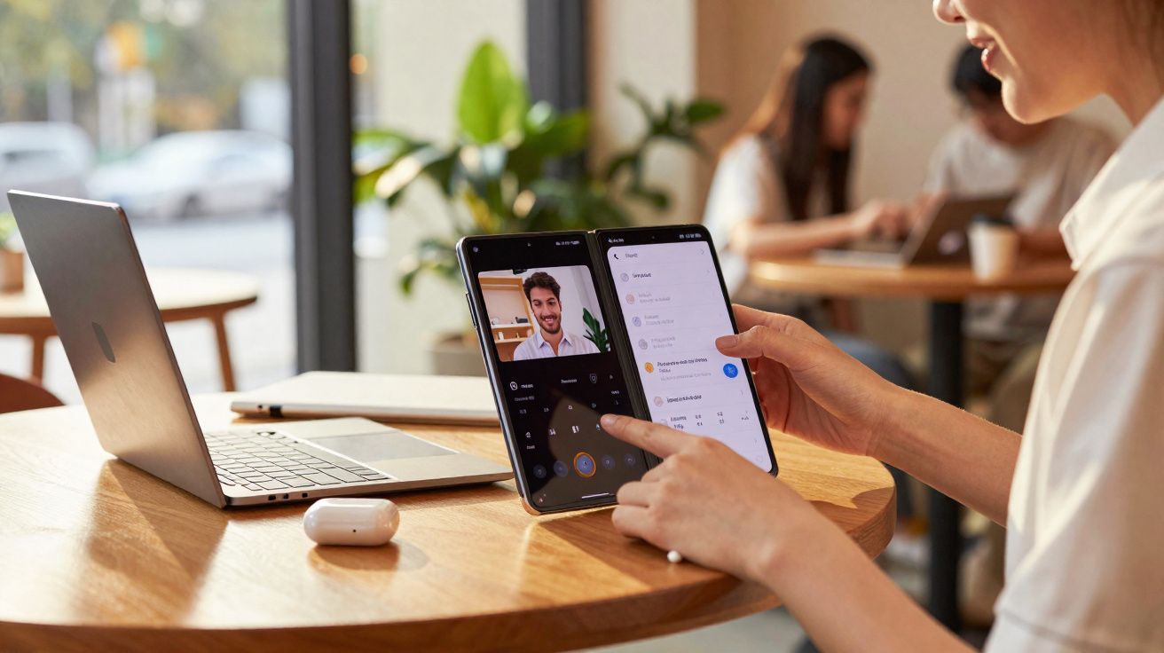 Personne utilisant un smartphone pliable pour un appel vidéo, avec un ordinateur portable et des écouteurs sur une table en b