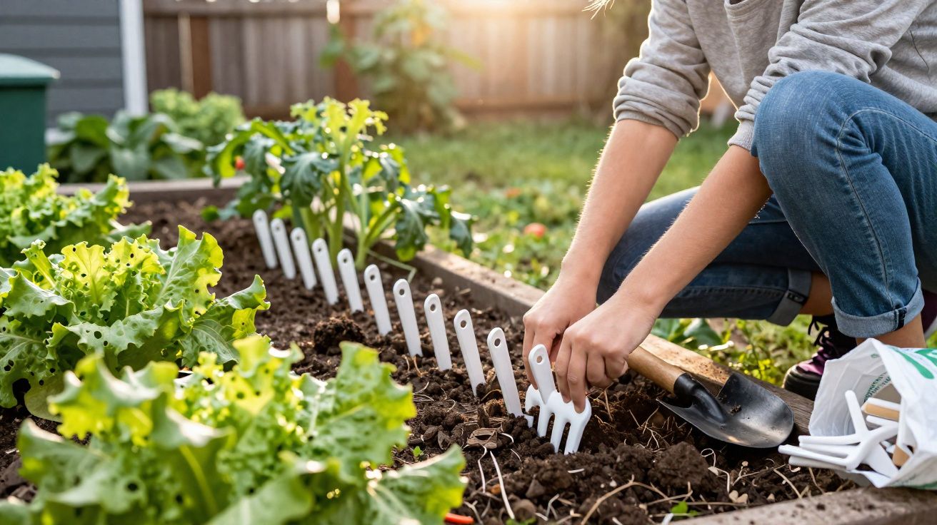 Personne plantant des étiquettes blanches dans un potager avec des légumes verts au soleil.