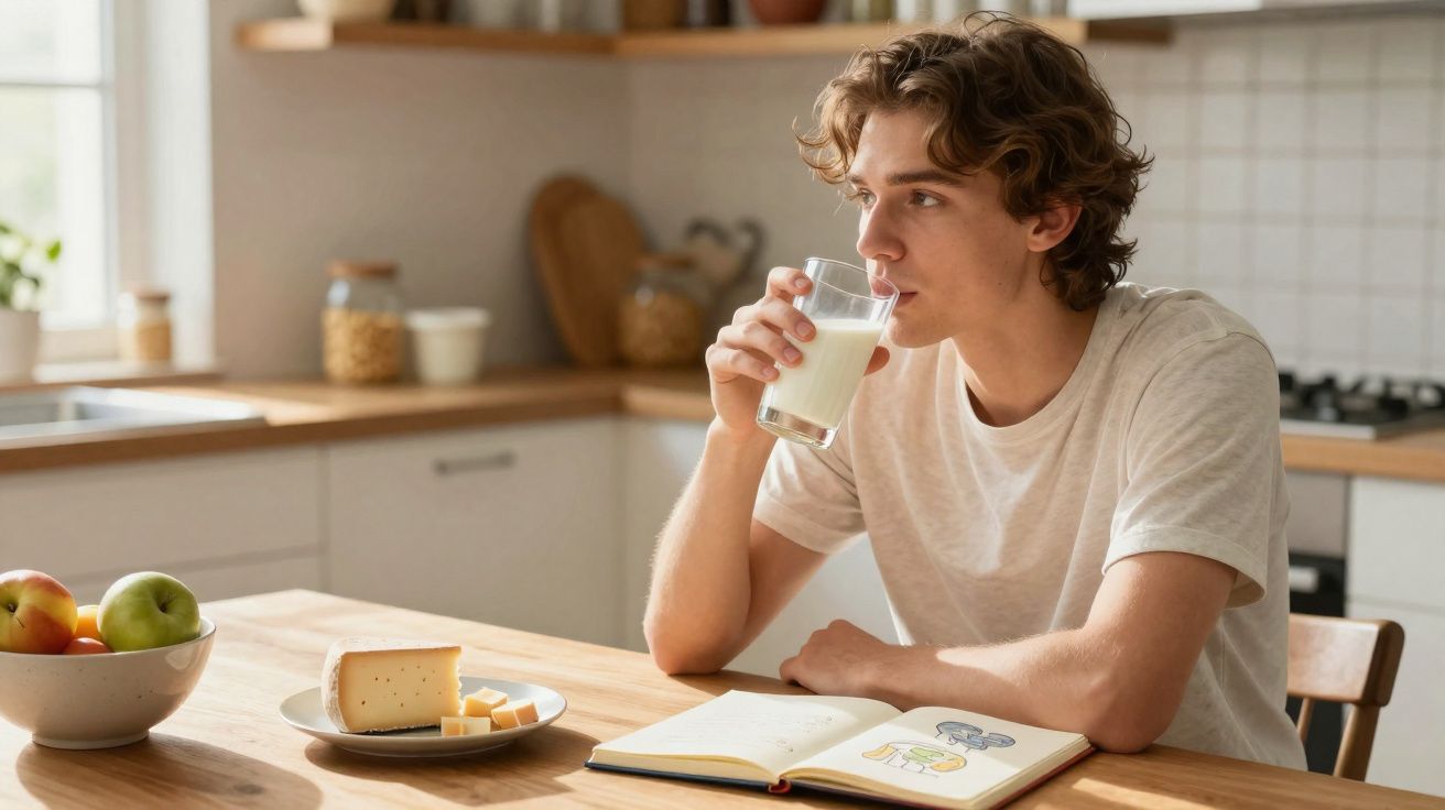 Jeune homme buvant un verre de lait à table avec du fromage, des pommes et un carnet de croquis ouvert.