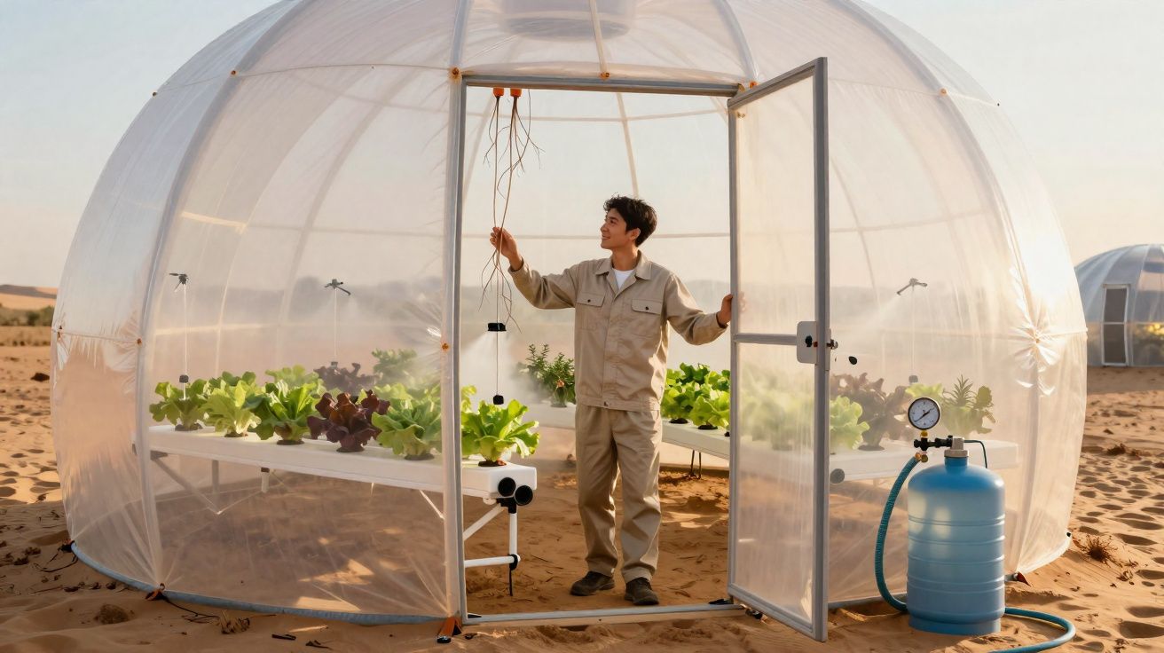 Jeune homme en tenue beige dans une serre en plastique arrosant des plantes dans un désert lumineux.
