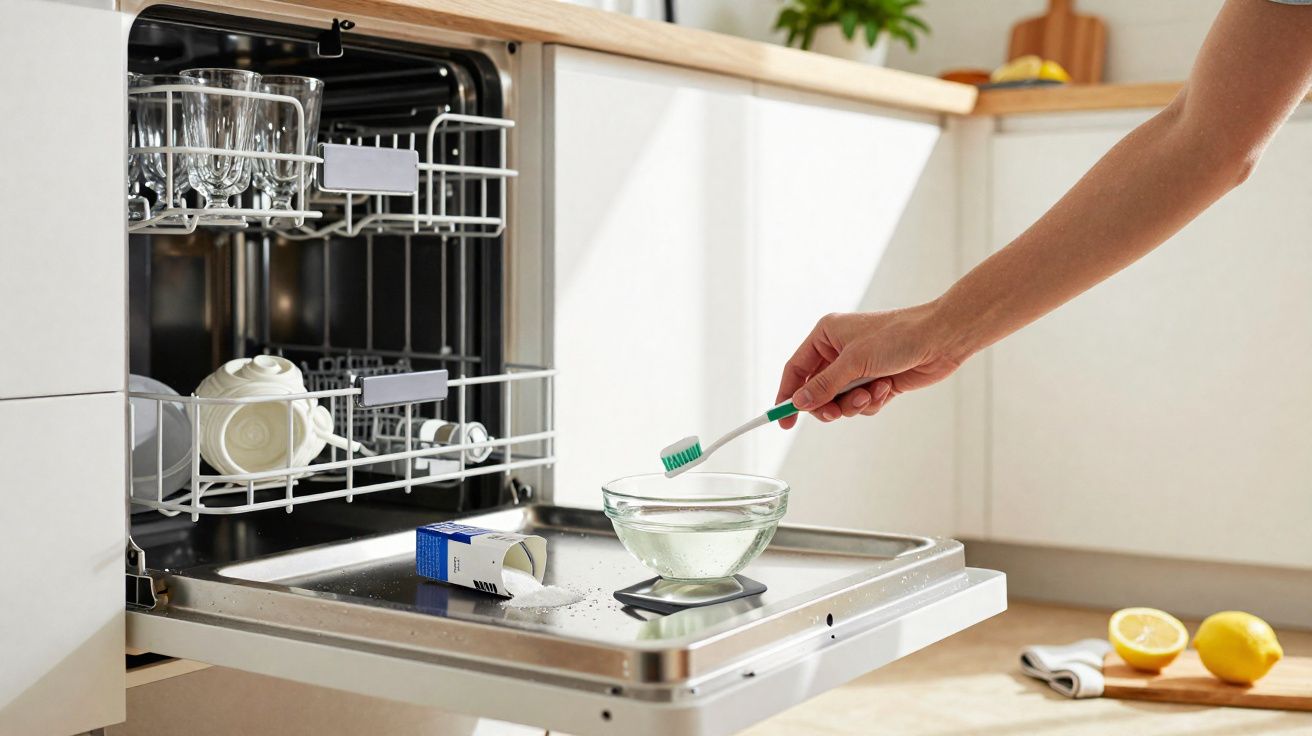Main tenant une brosse à dents plongeant dans un bol d'eau posé sur la porte ouverte d'un lave-vaisselle.