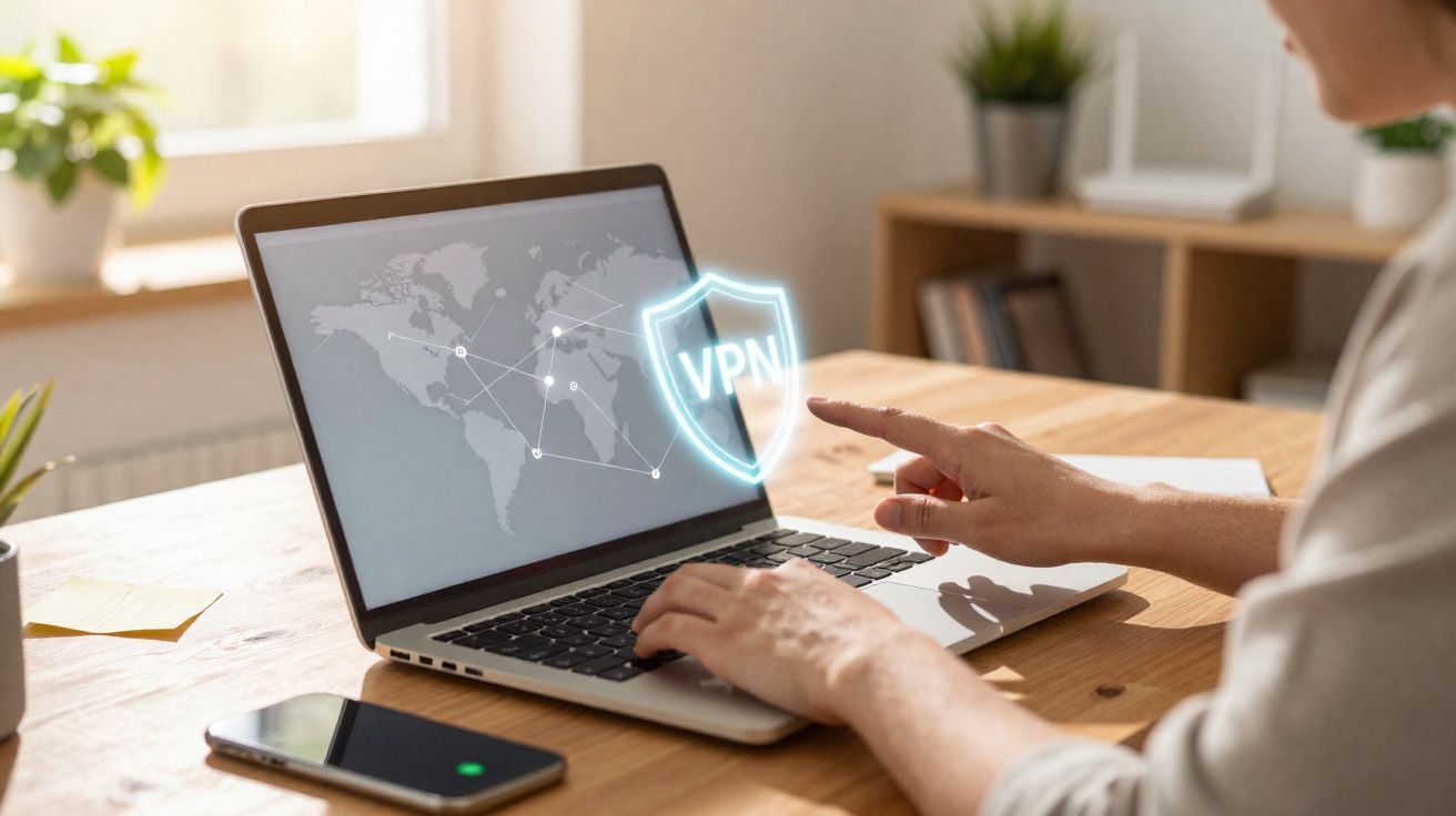 Personne utilisant un ordinateur portable avec une illustration de réseau mondial et un bouclier VPN lumineux.