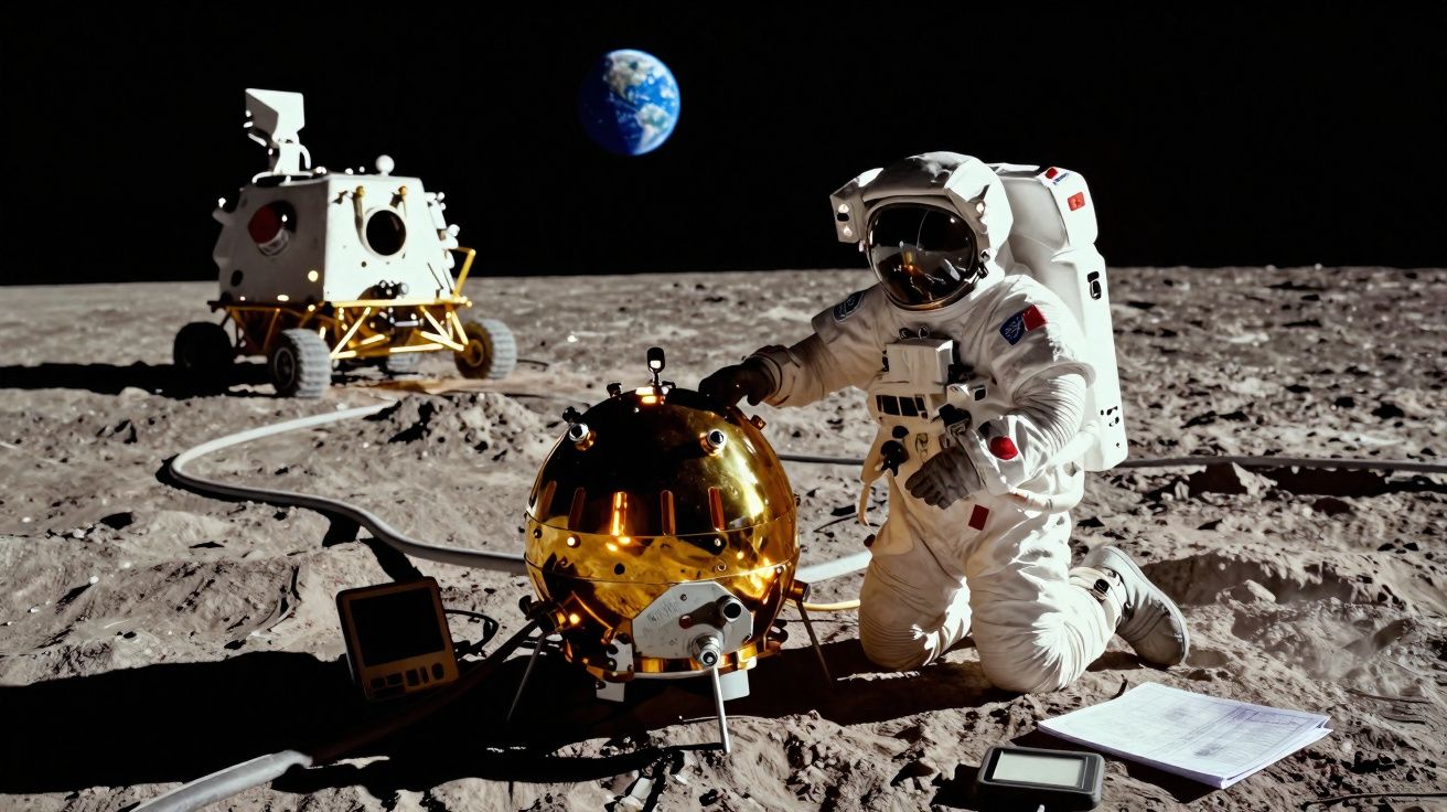 Astronaute sur la Lune avec un module lunaire, équipement scientifique, et la Terre en arrière-plan nocturne.