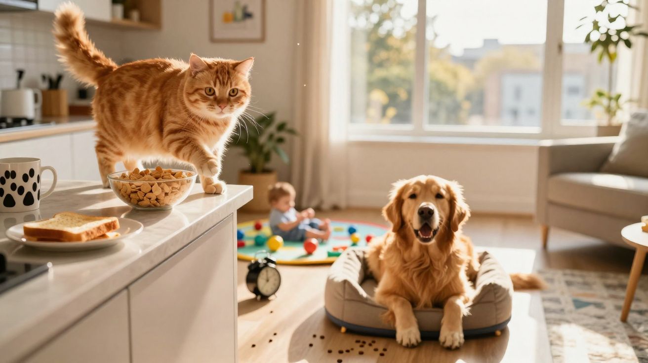 Chat roux sur le plan de travail, chien couché dans un panier et enfant jouant dans un salon lumineux.