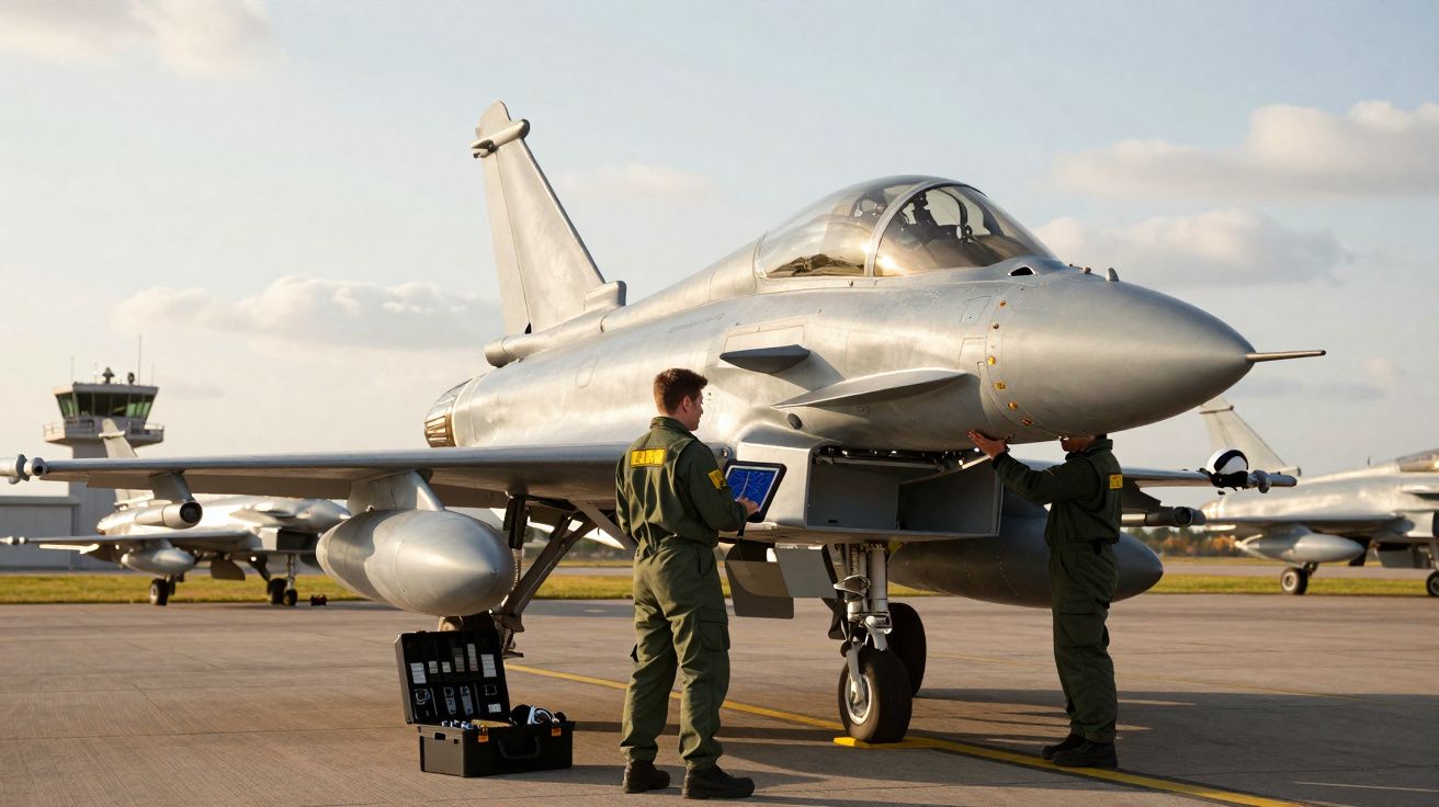 Deux techniciens effectuent une maintenance sur un avion de chasse stationné sur un aérodrome.
