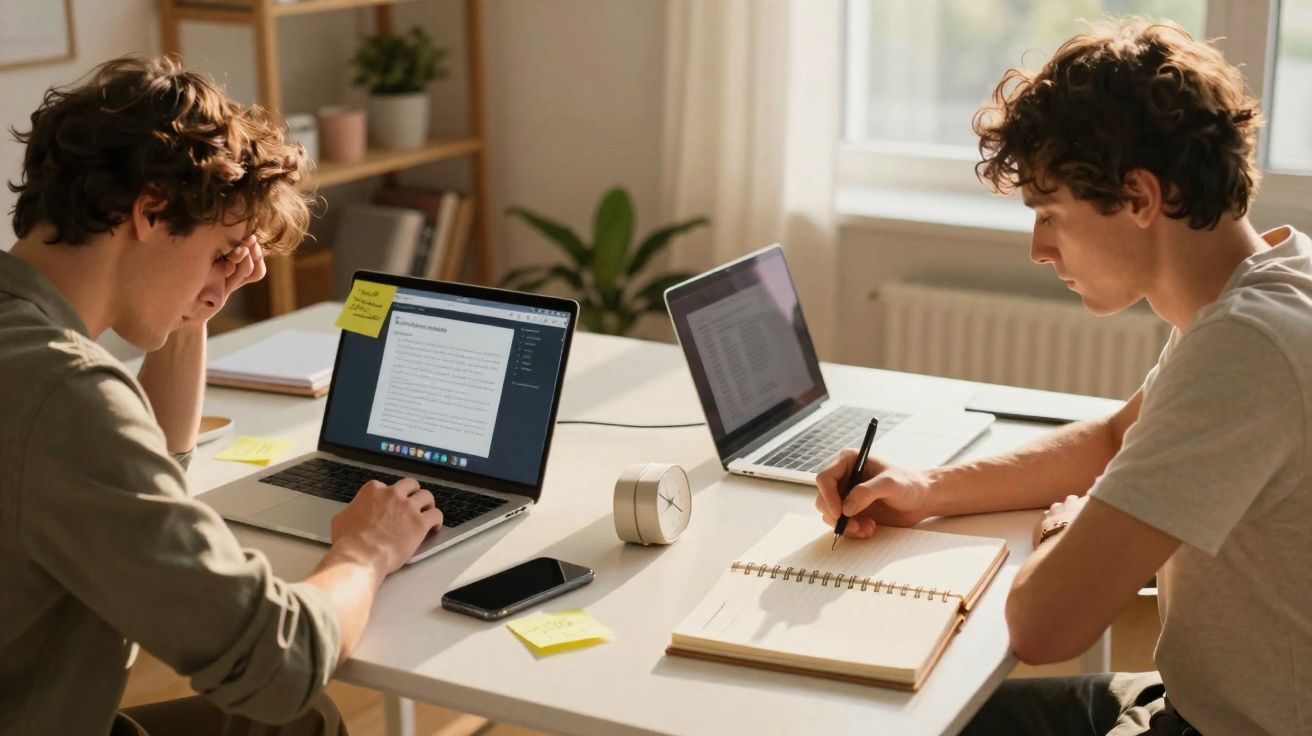 Deux jeunes hommes concentrés travaillent sur ordinateur et prennent des notes à une table lumineuse.