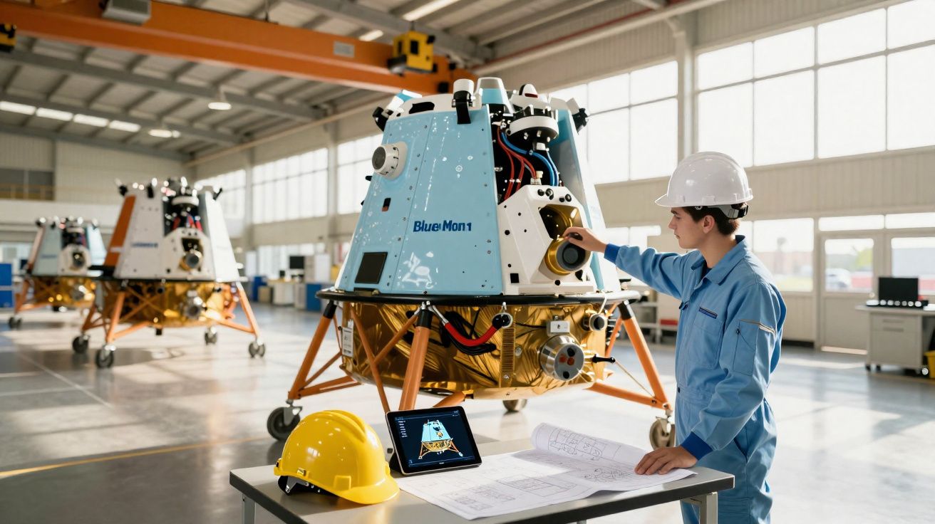 Ingénieur en casque blanc inspectant un module lunaire Blue Origin dans un hangar spacieux et lumineux.