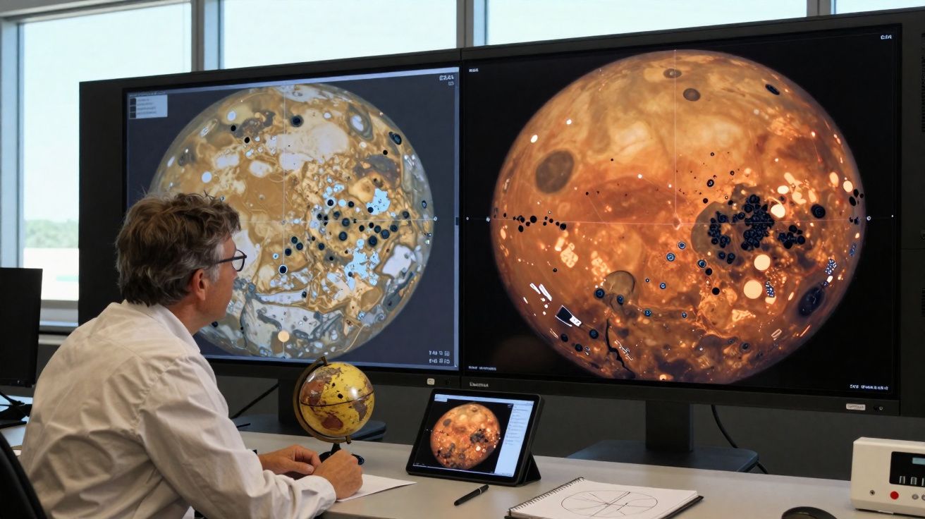 Un scientifique analyse des cartes détaillées de surfaces planétaires affichées sur deux grands écrans.