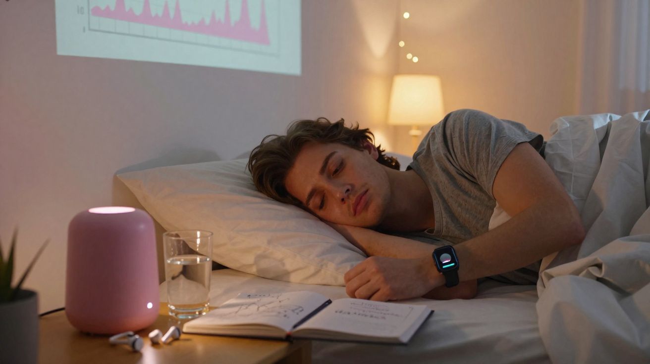 Homme dormant dans son lit avec un carnet ouvert, une lampe rose, un verre d'eau et une montre connectée visible.