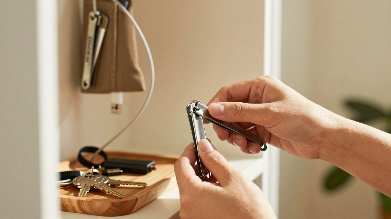 Mains tenant un coupe-ongles métallique près d’un plateau en bois avec clés et porte-clés.