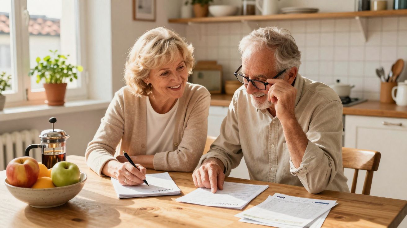 Couple senior souriant travaillant ensemble sur des documents à la cuisine, avec bol de fruits sur la table.