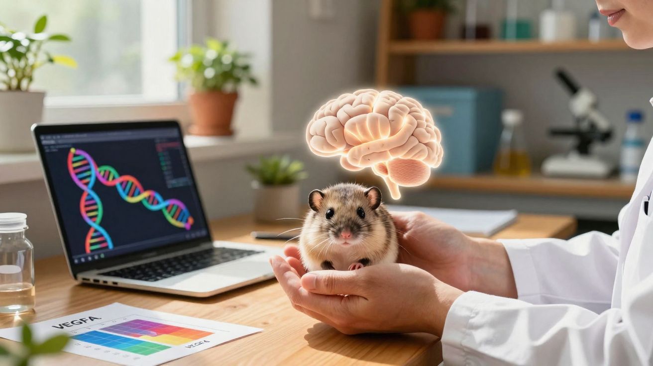 Scientifique tenant un hamster en laboratoire avec images d'ADN et cerveau en arrière-plan.