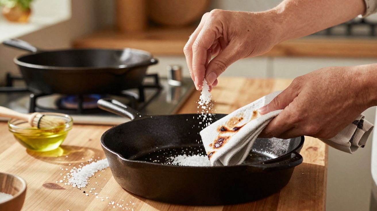 Mains saupoudrant du sel dans une poêle en fonte sur une table en bois dans une cuisine.