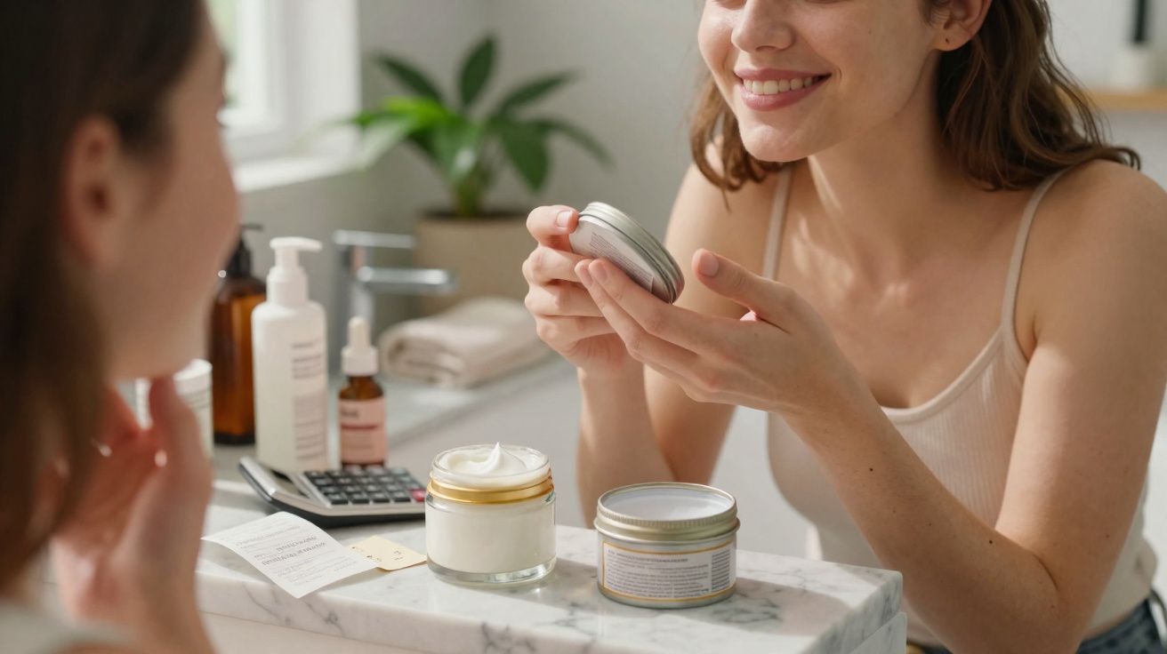 Femme souriante appliquant de la crème hydratante devant un miroir dans une salle de bain lumineuse.
