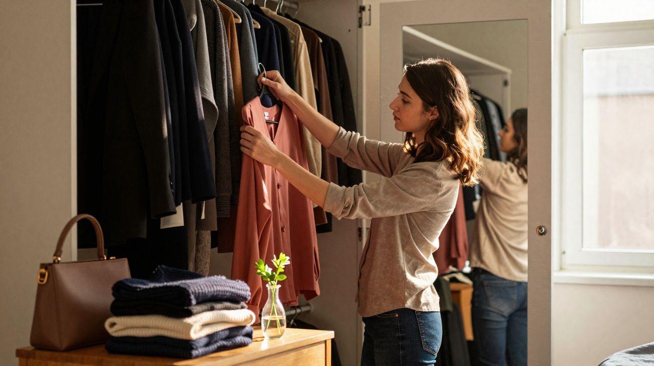 Femme choisissant un vêtement dans une armoire avec un miroir et une fenêtre en arrière-plan.