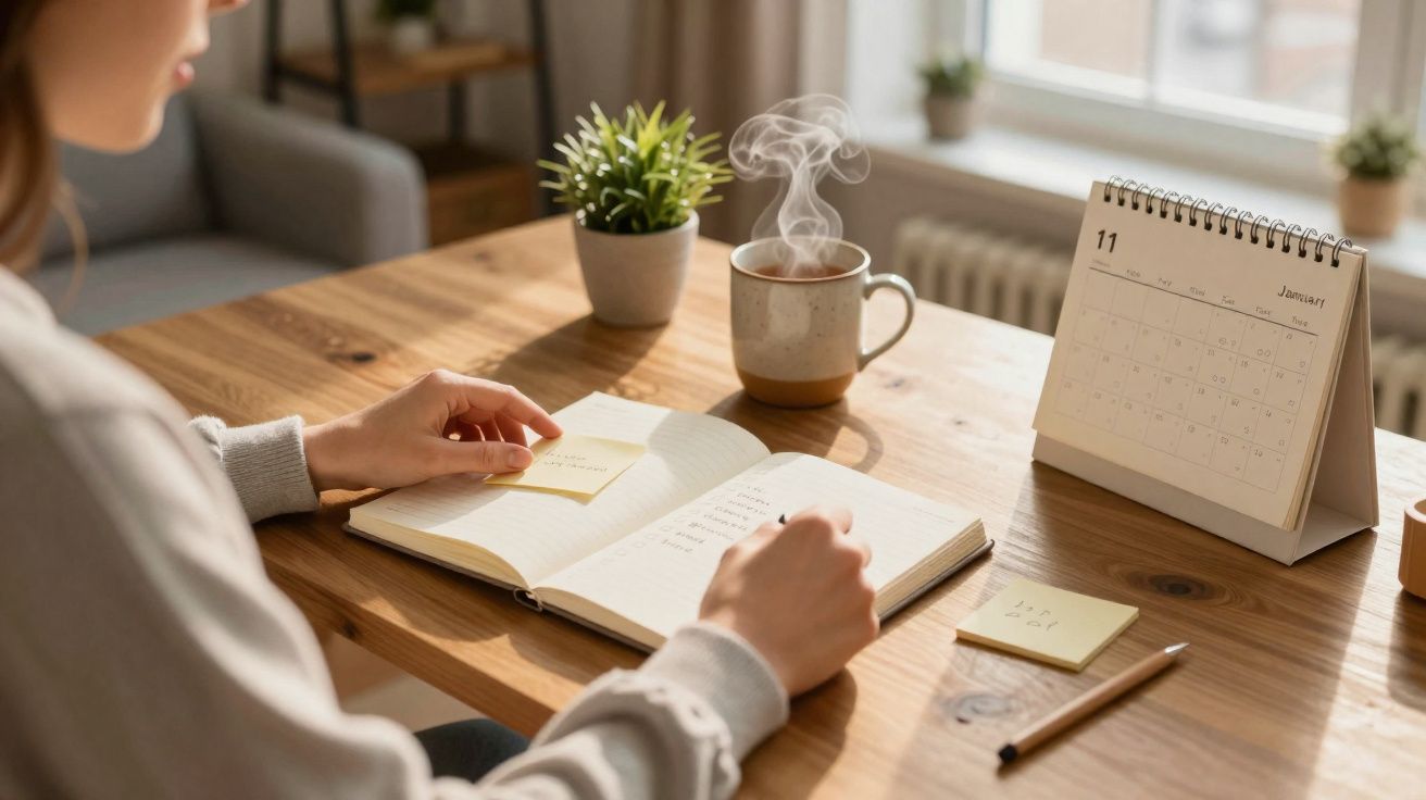 Personne prenant des notes dans un carnet au bureau avec une tasse fumante, un calendrier et une plante verte.