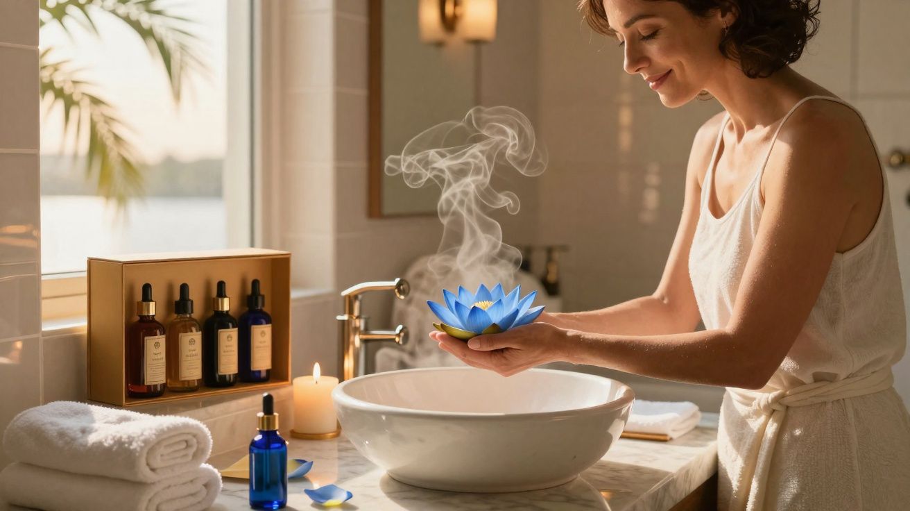 Femme souriante tient une fleur lumineuse avec de la vapeur au-dessus d'un lavabo dans une salle de bain zen.