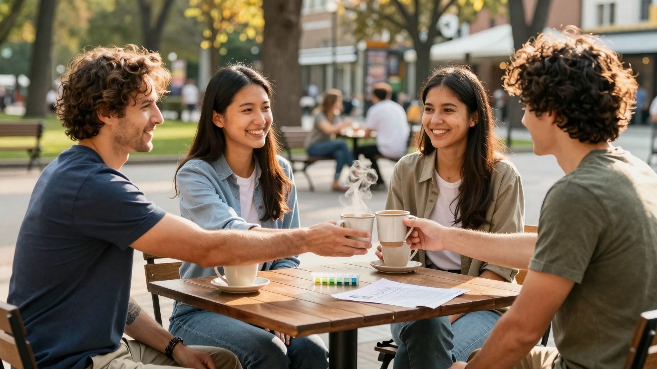 Quatre amis assis en terrasse trinquaient avec des tasses de café fumant lors d'une journée ensoleillée.
