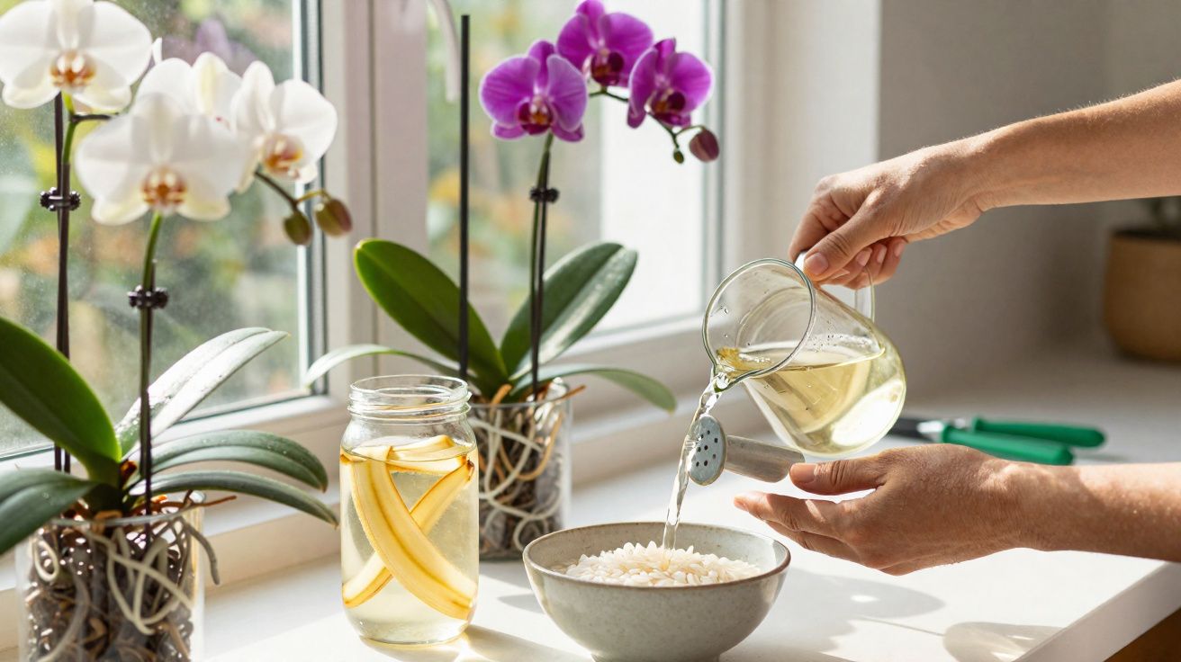 Deux orchidées blanches et violettes près d’une fenêtre, une personne arrose du riz dans un bol.