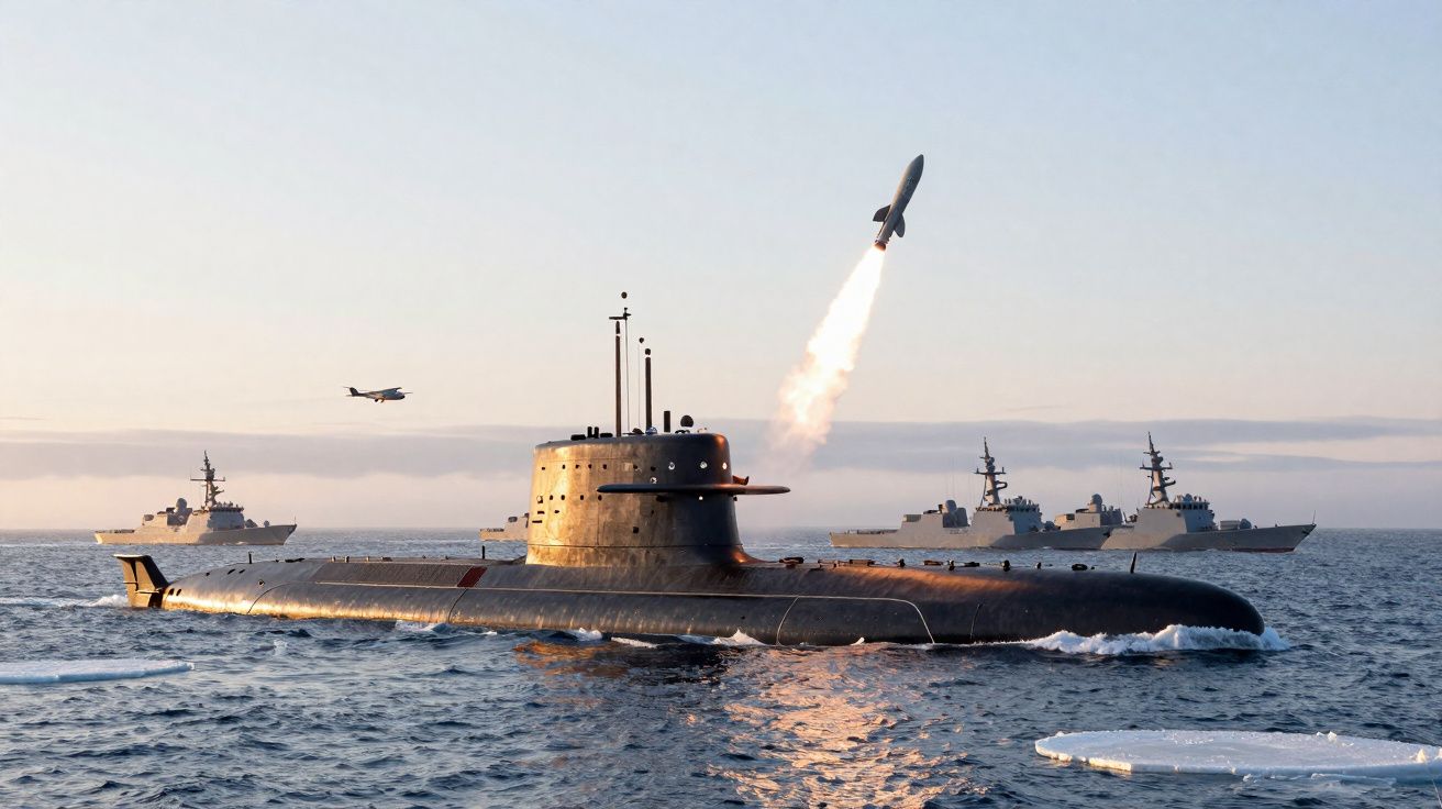 Sous-marin lançant un missile en mer avec plusieurs navires militaires et un avion en arrière-plan au coucher du soleil.