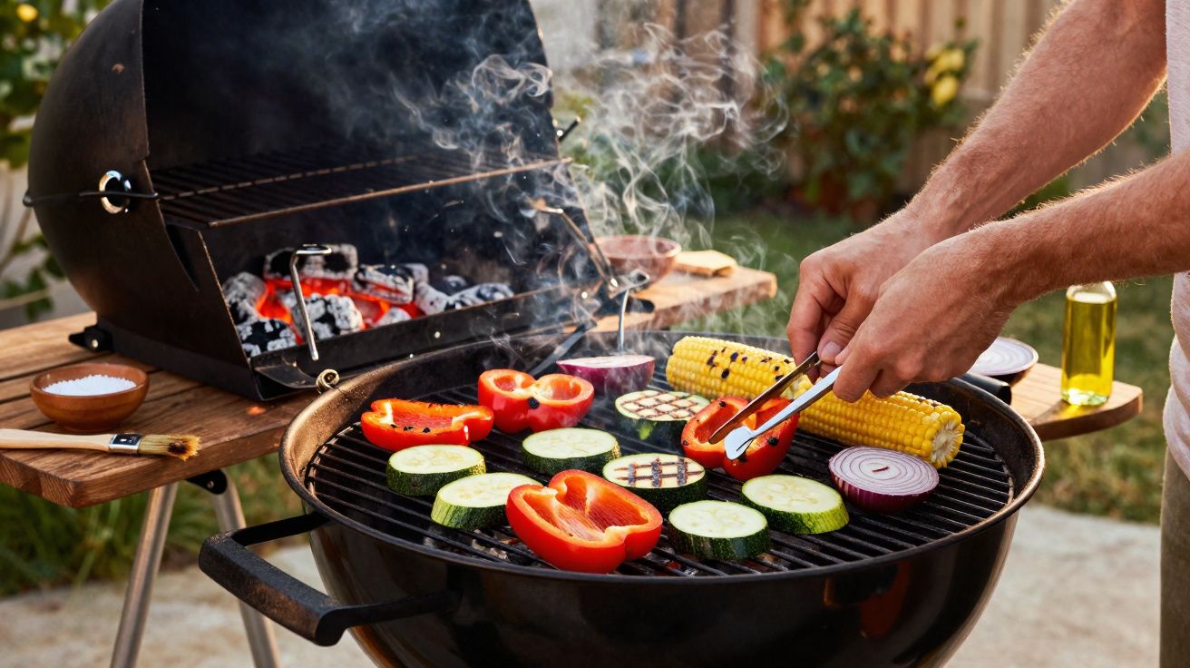 Barbecue extérieur avec légumes grillés comme poivrons, courgettes, maïs et oignons, mains utilisant une pince.