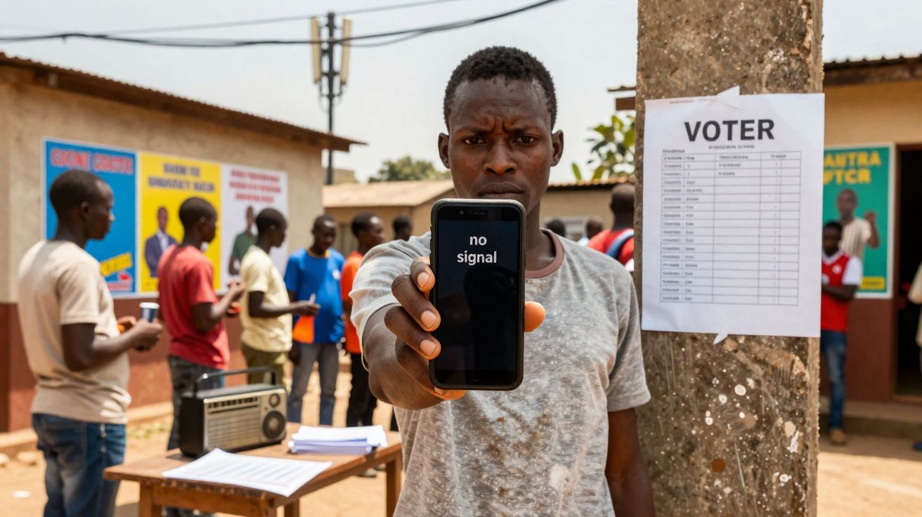 Un homme montre un téléphone affichant "no signal" lors d'une votation en plein air en Afrique.