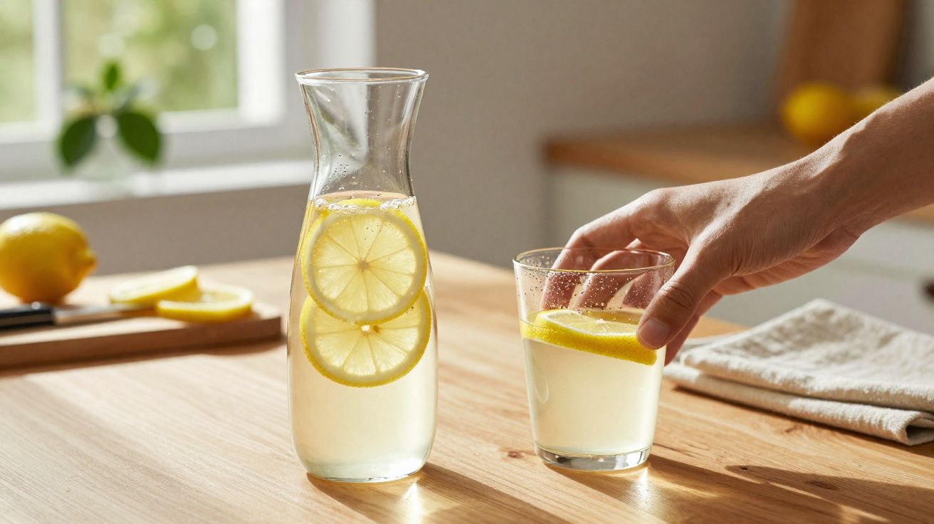 Main prenant un verre d'eau infusée au citron sur une table en bois clair avec une carafe contenant des tranches de citron.