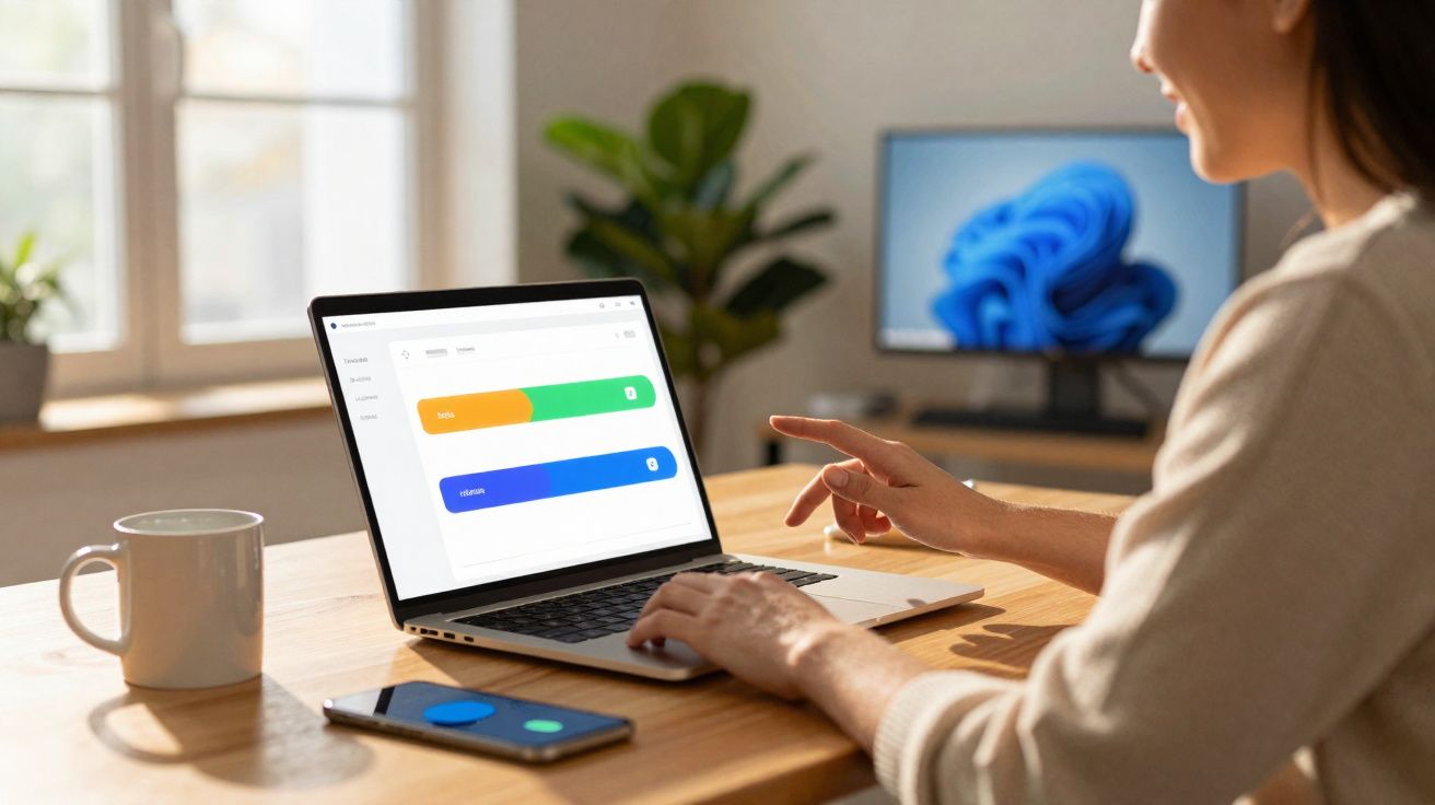 Personne utilisant un ordinateur portable avec un smartphone et une tasse sur une table en bois dans une pièce lumineuse.